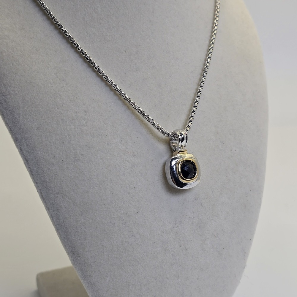 Silver Tone Black Faceted Stone Necklace & Pierced Earrings Set Gold Tone Accent - Picture 3 of 13